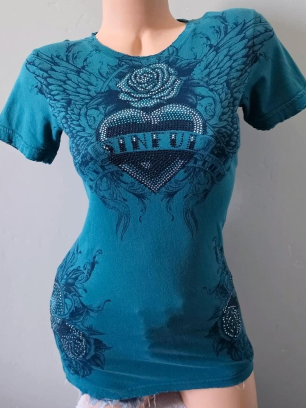 2000s Y2k Sinful Teal Shirt